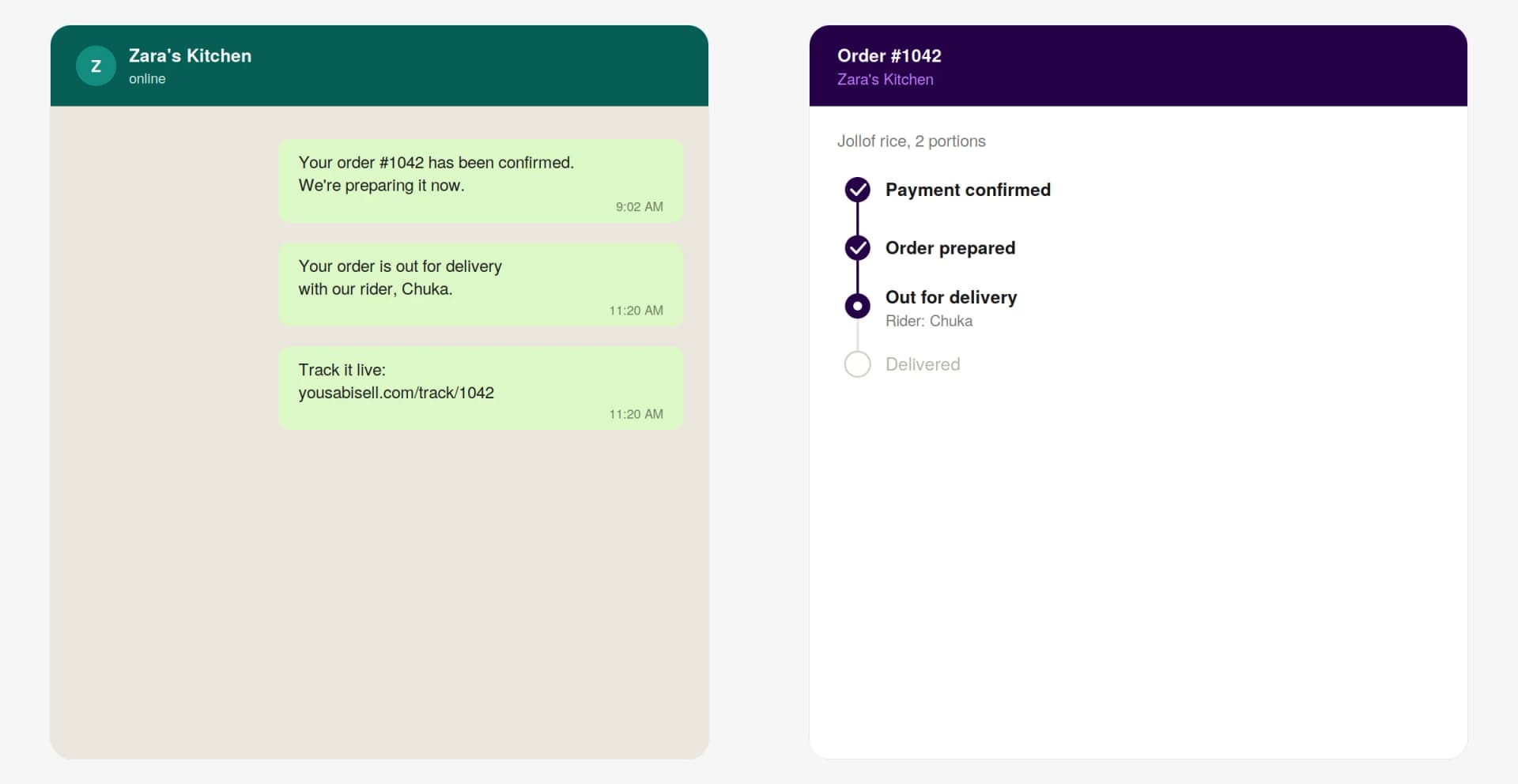 You Sabi Sell order tracker showing live order status and payment confirmation